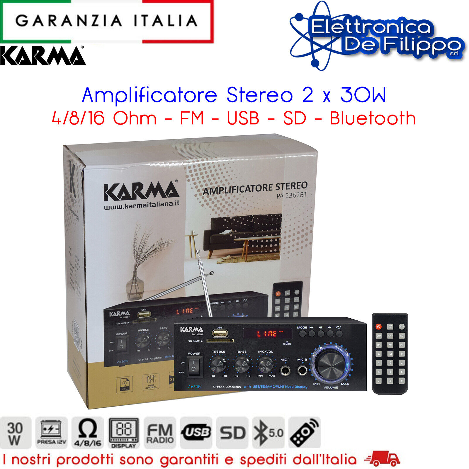 Amplificatore Stereo 2 x 30W 4/8/16 Ohm - FM - USB - SD - Bluetooth