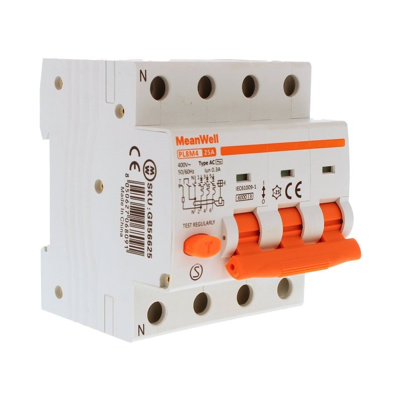 MeanWell RCBO Interruttore Magnetotermico Differenziale Tipo AC Curva C 3P+N 4M