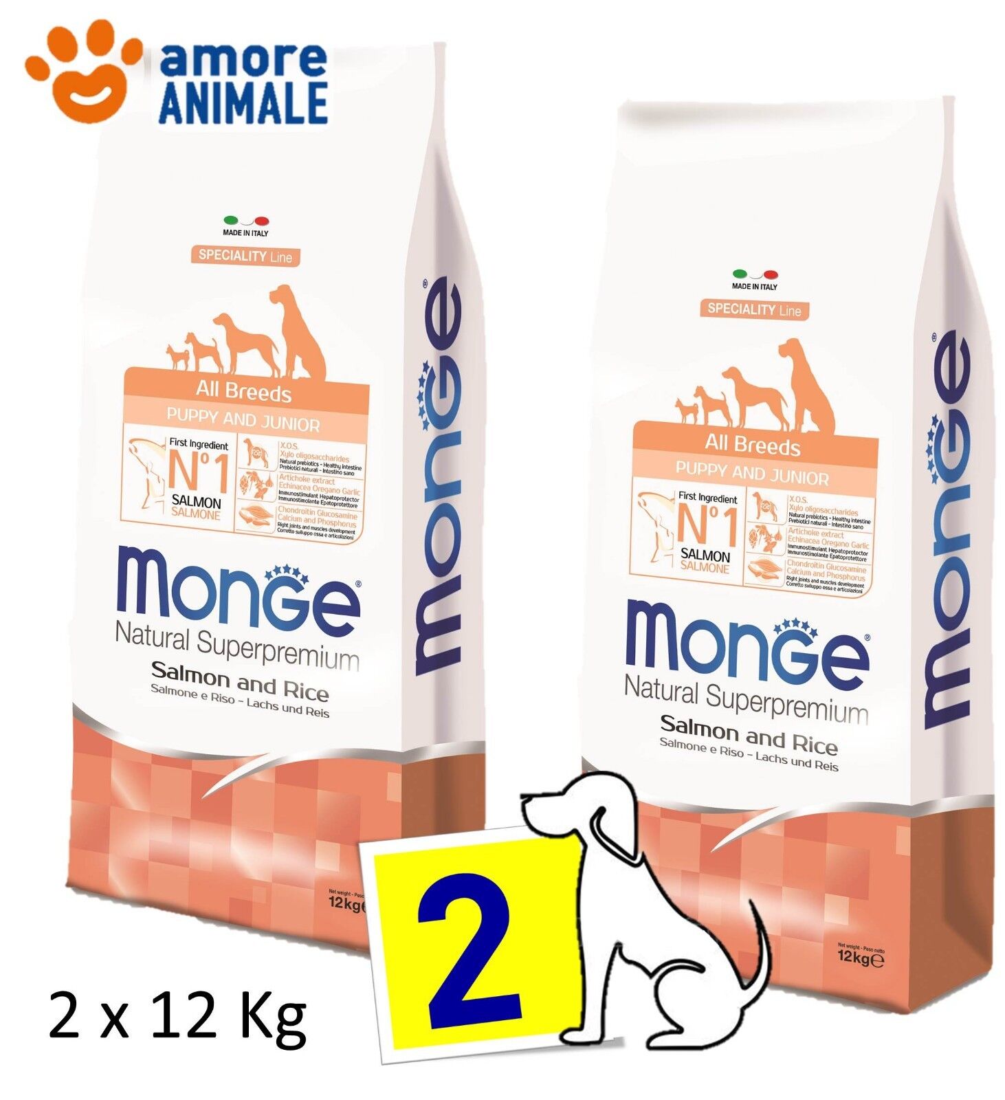 2 SACCHI - Monge All Breeds Puppy & Junior Salmone e Riso 12 kg - Cibo cane
