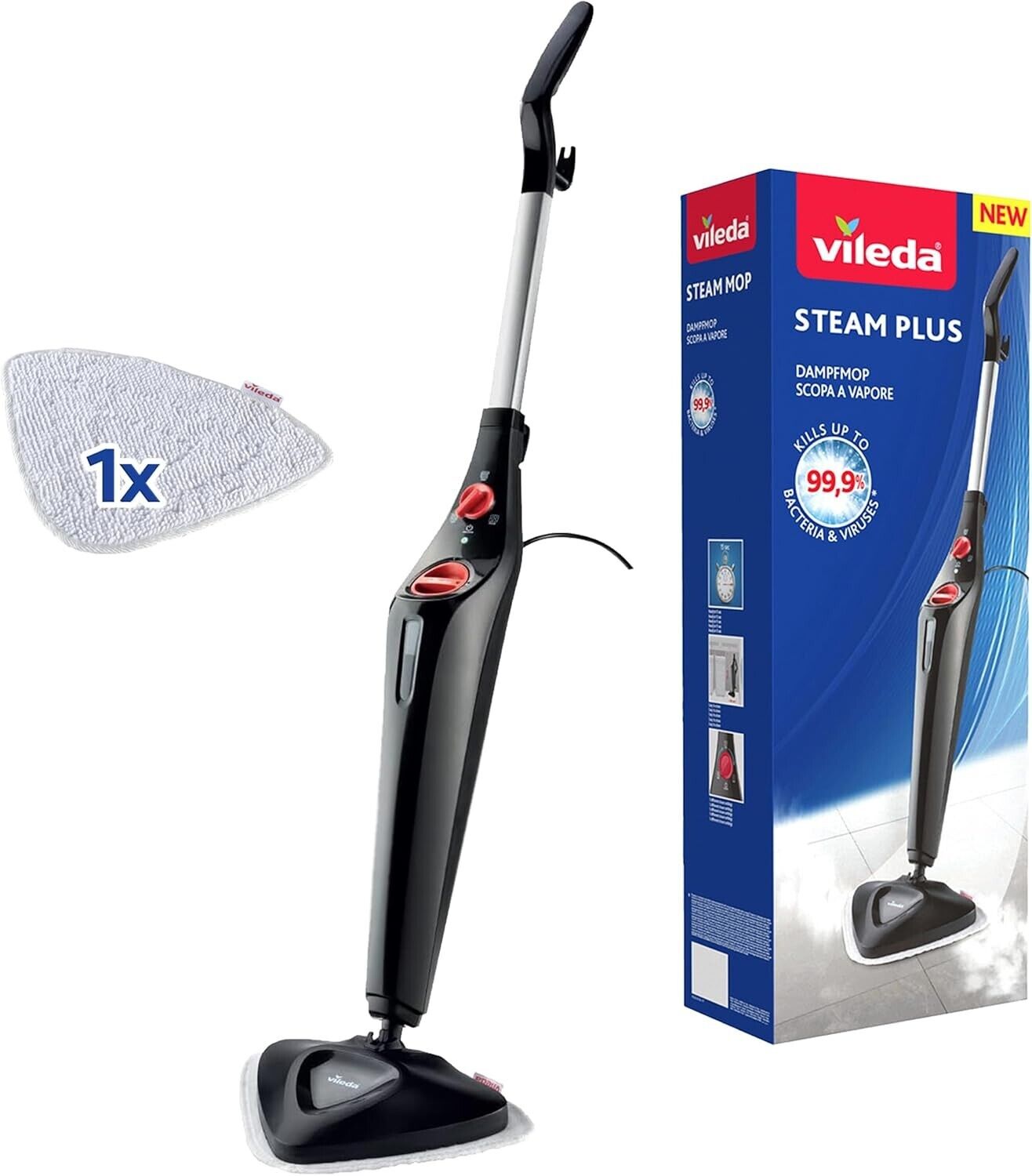 Vileda Steam PLUS | scopa a vapore pulizia e igiene con il vapore elimina 99.9%