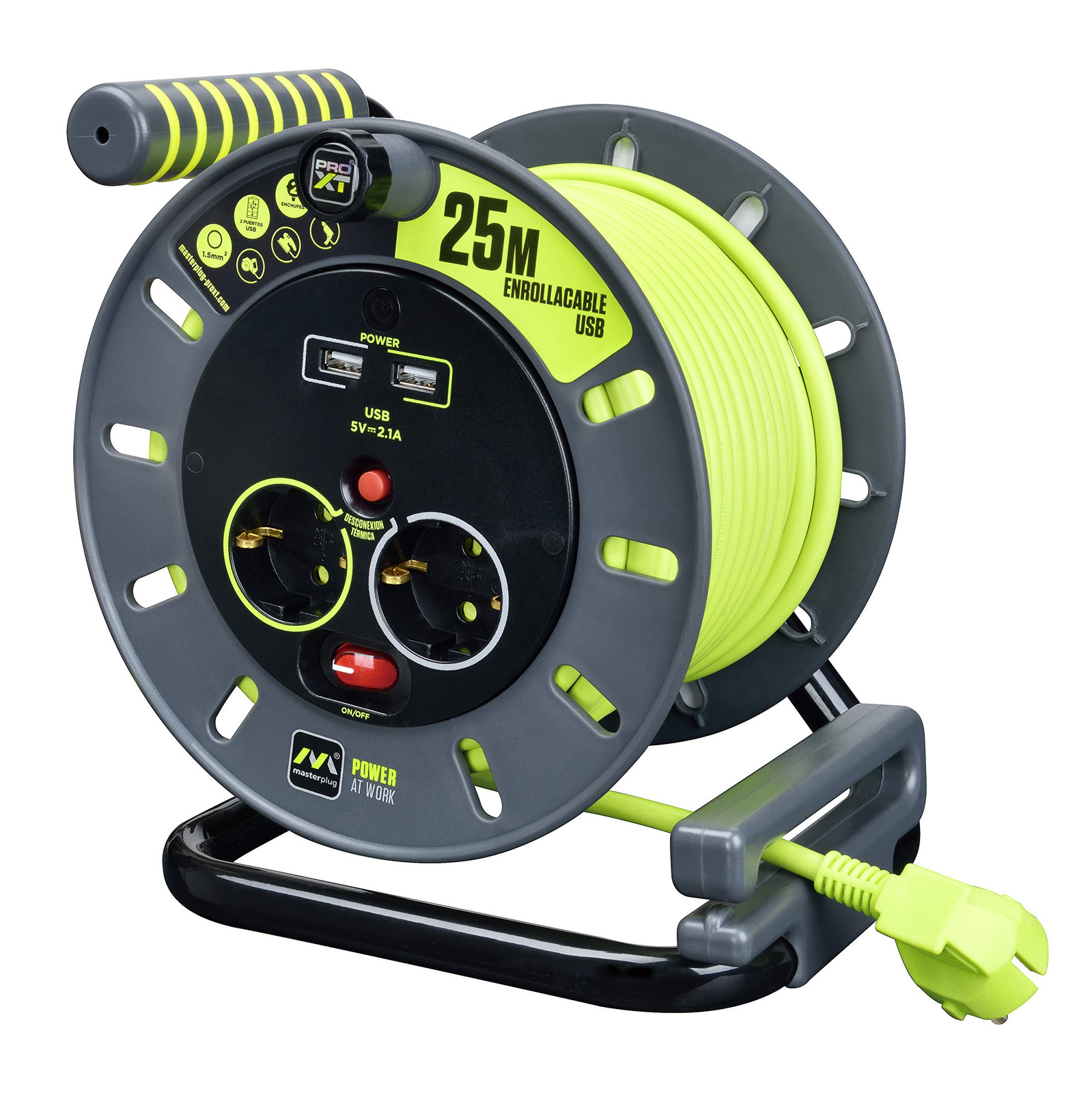 Masterplug Pro-XT Avvolgicavo 25 metri, 4 Prese EU Schuko, 2 USB, Prolunga Elett