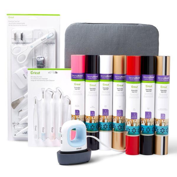 Cricut EasyPress Mini, Zen Blue + Everything Iron -On Bundle Blu, Bianco