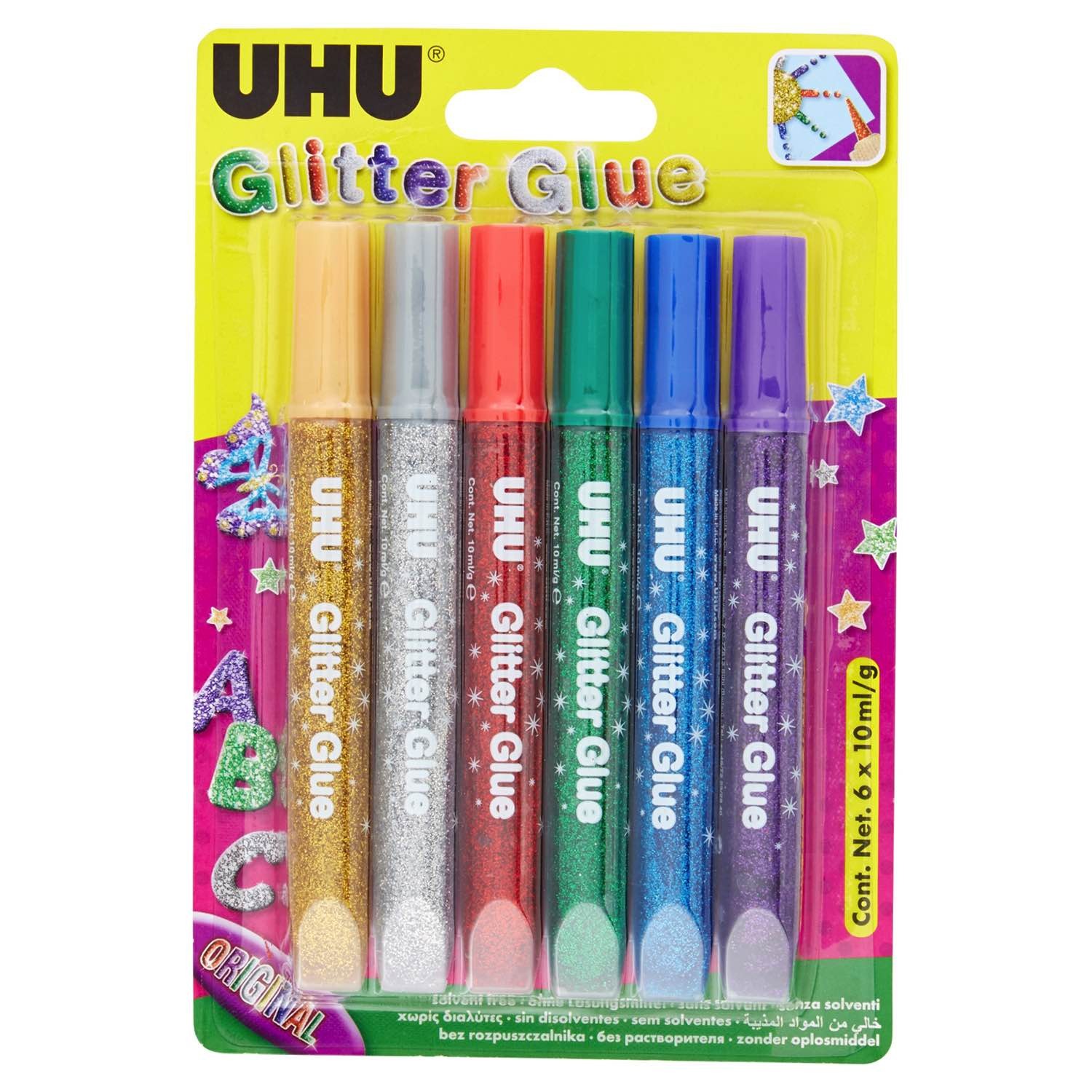 UHU Glitter Glue - colla glitterata colorata in blister 6x10ml