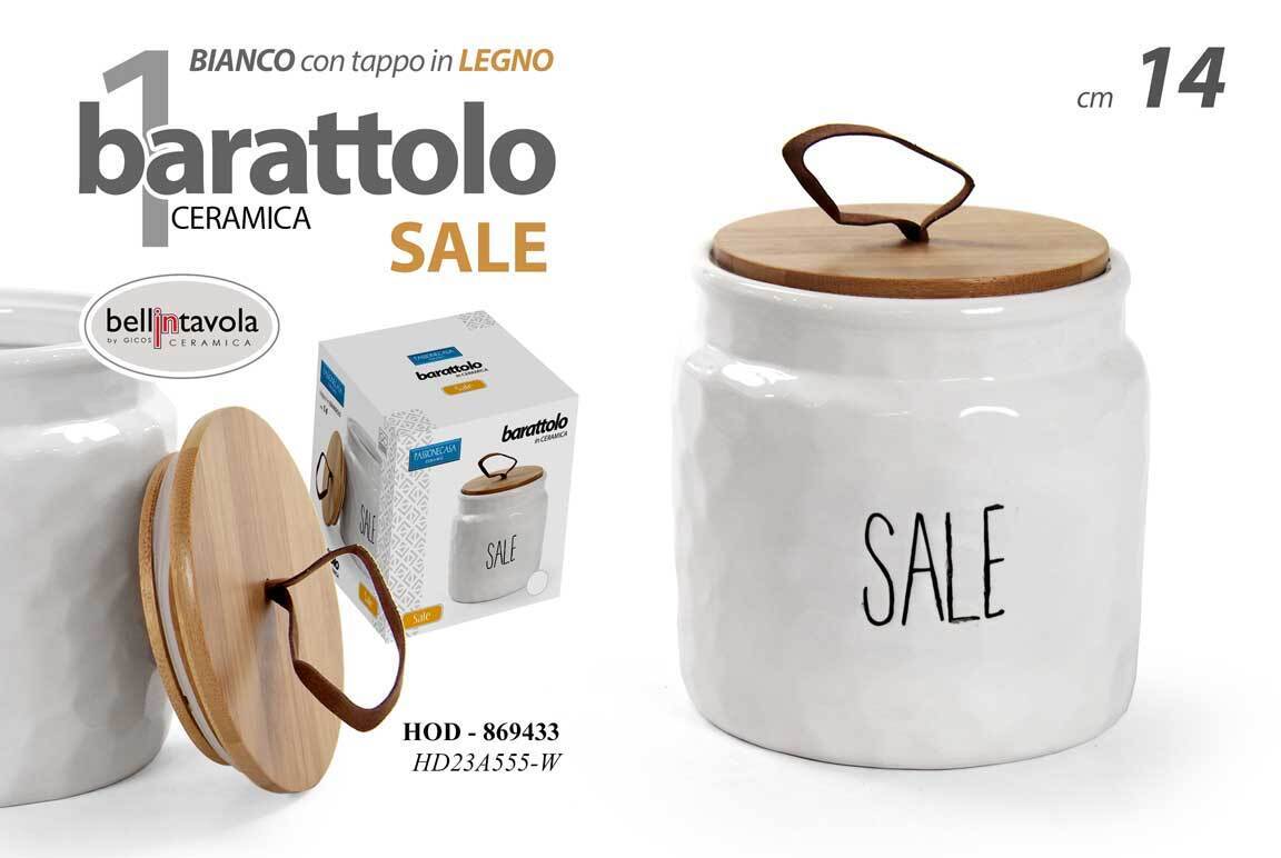 BARATTOLO DA CUCINA SALE CERAMICA BIANCO ERMETICO MODERNO TAPPO LEGNO 14 cm HOD
