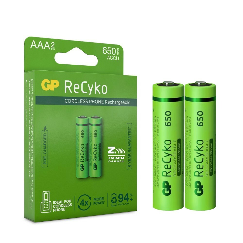 BLISTER 2 BATTERIE RICARICABILI AAA 650 mAh GP RECYKO FOR CORDLESS PHONE