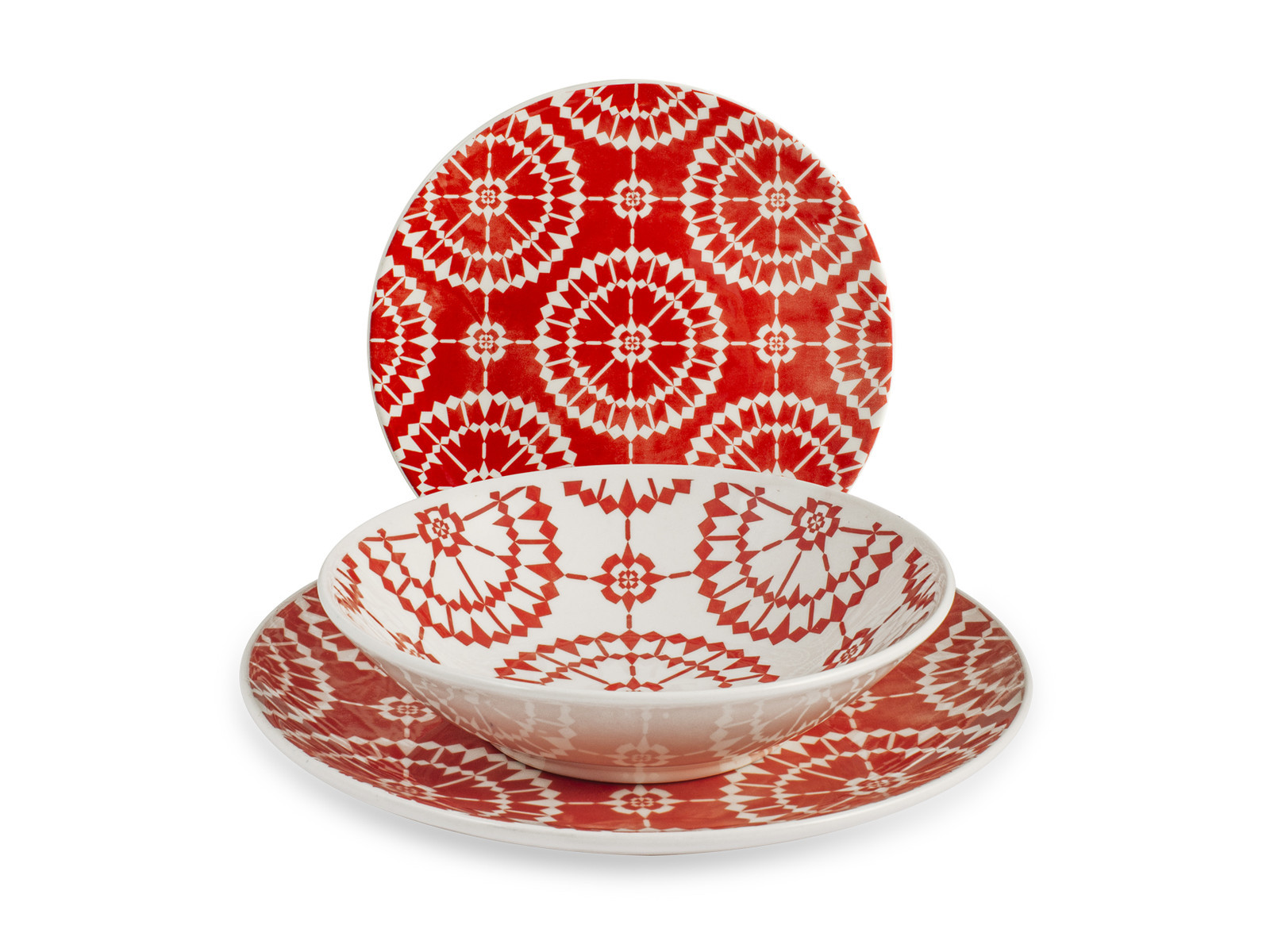 H&H Servizio Tavola 18 Pezzi Salvador In Stoneware Decorato, Rosso E Bianco