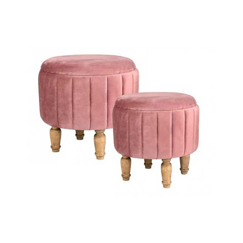 Vea Set 2 Pouf In Velluto Colore Rosa Antico Con Piedi In Legno Diametro 40X40H/