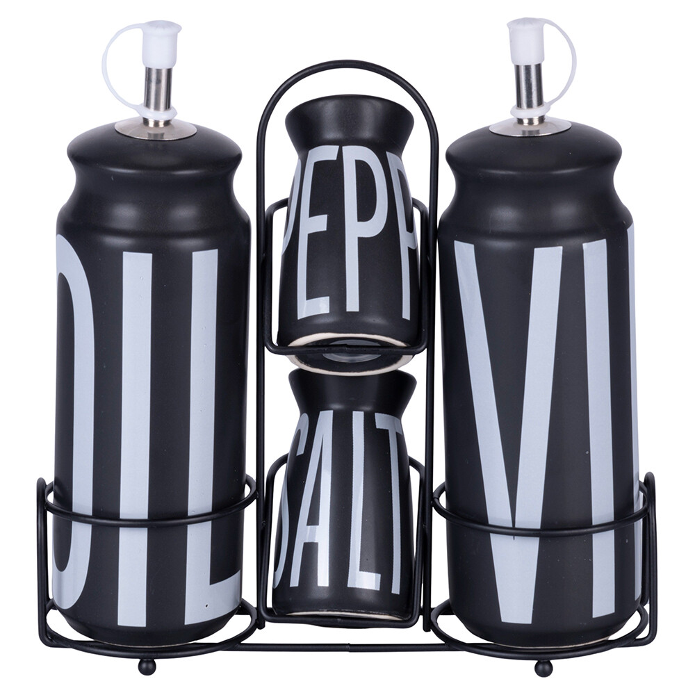 Set olio aceto sale e pepe in gres stand in acciaio inox nero Bigismore