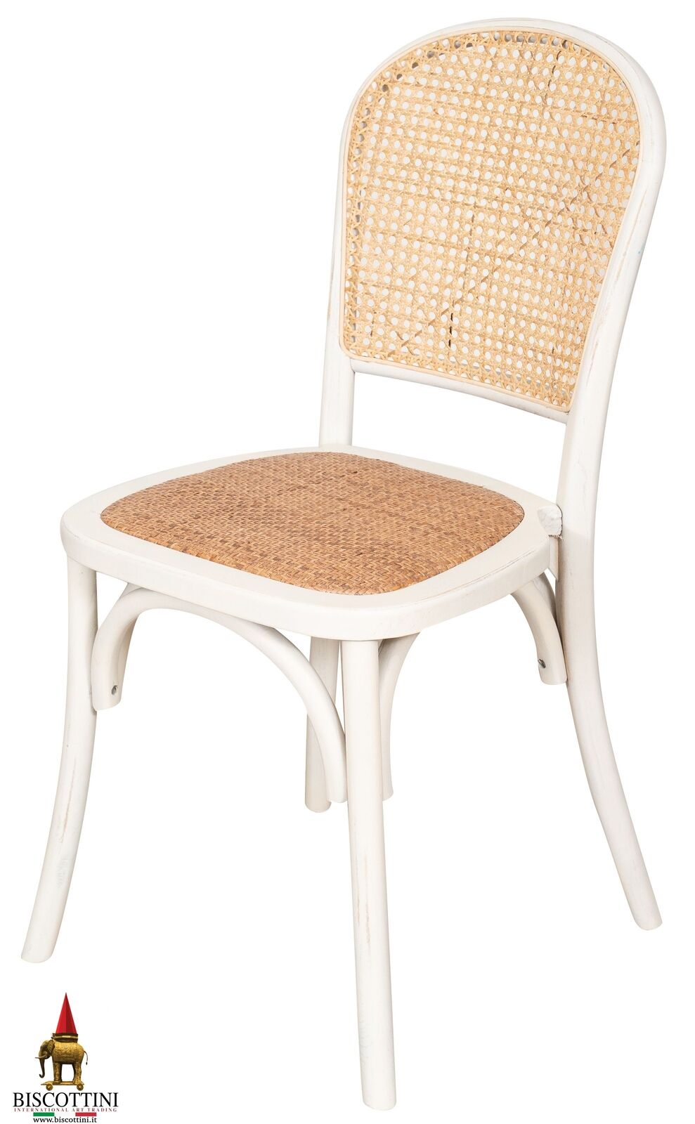 Sedia Thonet in massello di frassino e seduta rattan finitura bianca anticata