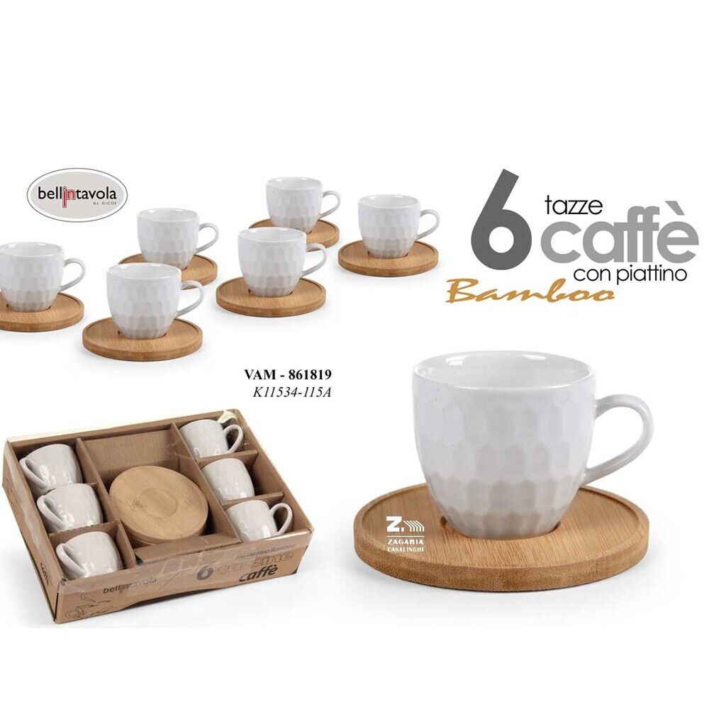 SET 6 TAZZINE PORCELLANA +PIATTINI BAMBOO BIANCA PER CAFFE' ART.61819