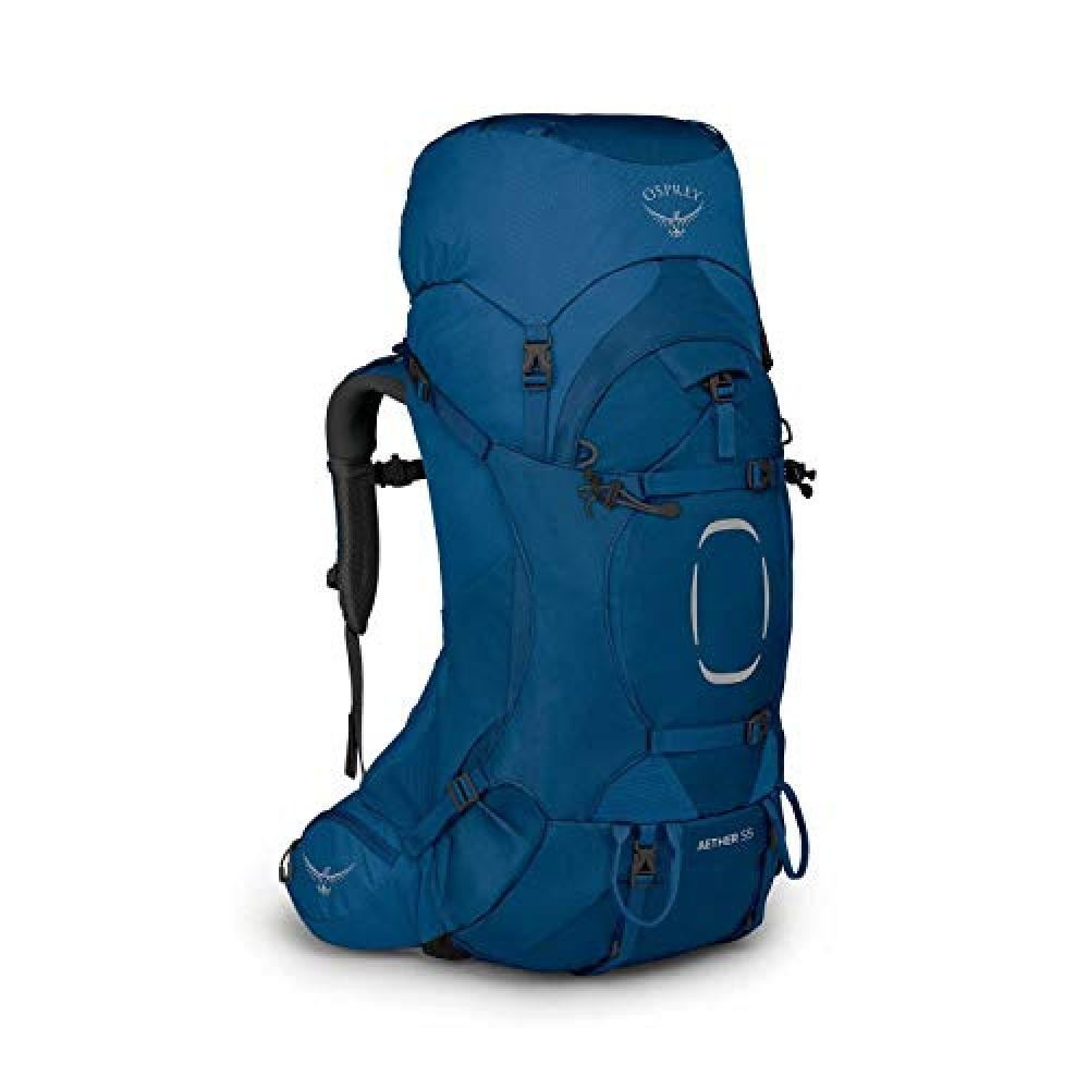 (TG. S-M) Osprey Aether 55 Zaino da Backpacking per Uomo, Deep Water Blue - S/M