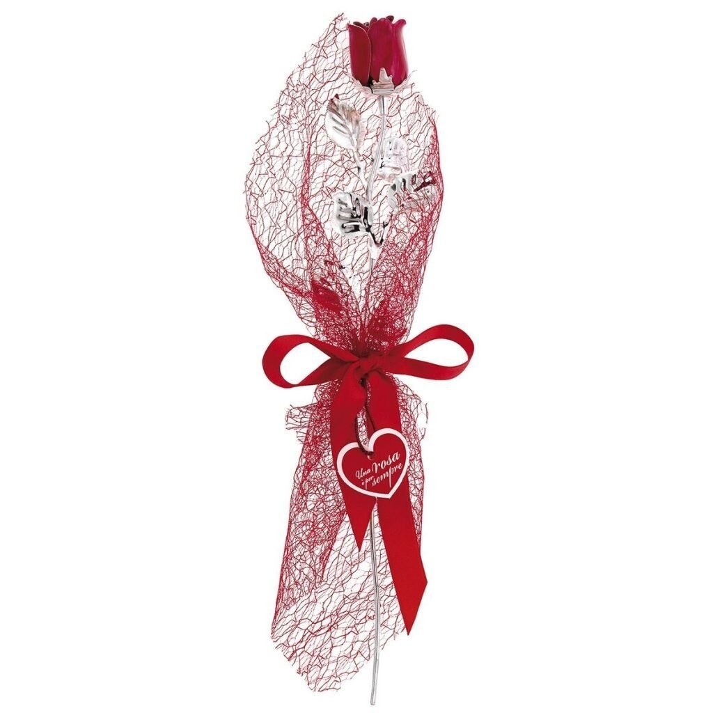 Bouquet rosa rossa scarlatta 30 cm regalo festa della mamma metallo argentato sm