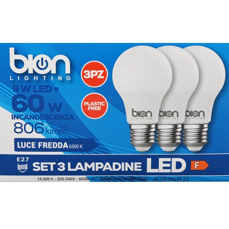 BION Set 3 lampadine goccia 9w luce fredda e27