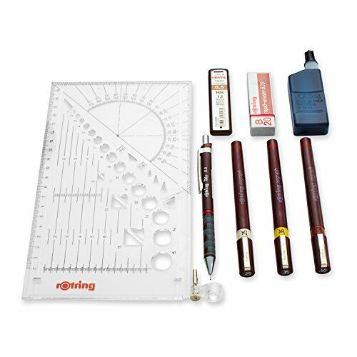 Rotring Isograph Penna Set 4 x Penne Tecniche + accessori Set per la scuola 0.25