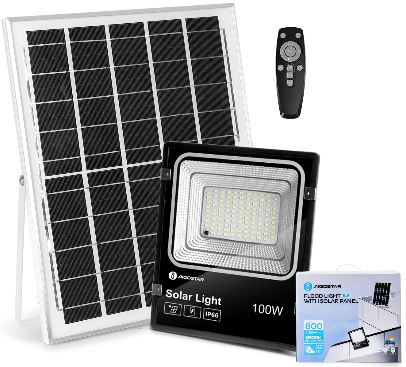 FARO SOLARE LED CON PANNELLO FARETTO CREPUSCOLARE 100WATT TELECOMANDO AIGOSTAR
