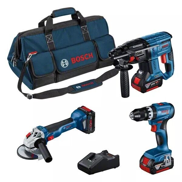 BOSCH KIT 3 TOOL: GSB 18V-45 + GBH 18V-21 + GWS 18V-10 + 3 BATTERIE + CARICABAT.