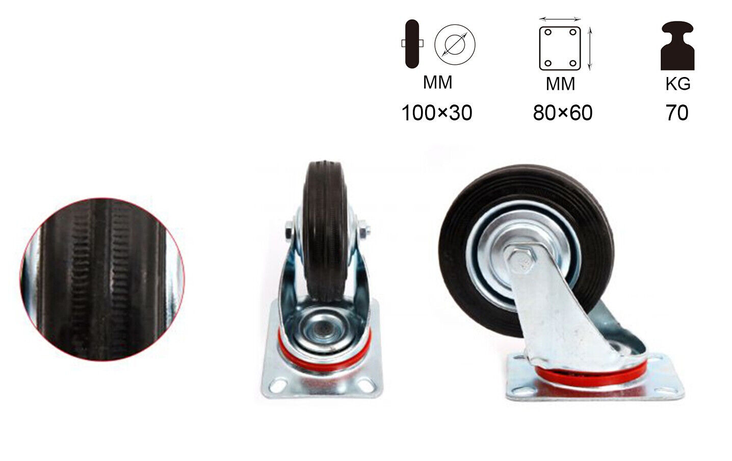 Ruota Giratoria per Carrello Mobile D100mm Portata Max 70KG <ul><li>Le ruote