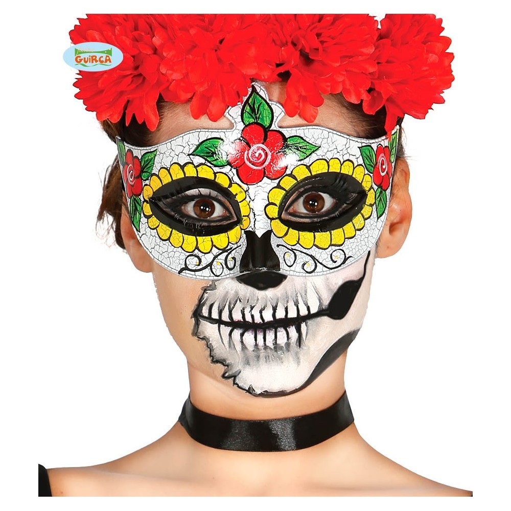 Maschera da teschio messicano decorata per travestimento feste in maschera