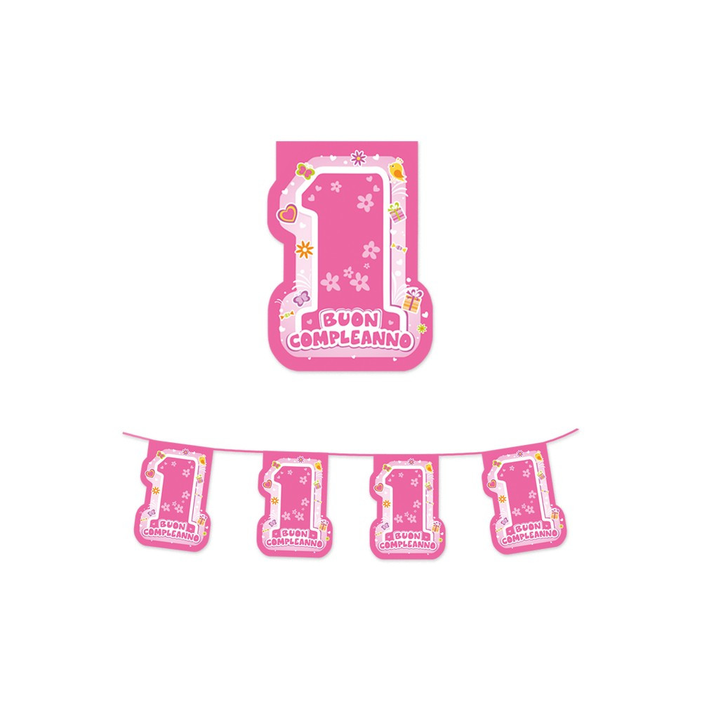 Festone Bandierine Sagomate 1° Primo Compleanno Rosa Bimba Numero 1 Decorazioni