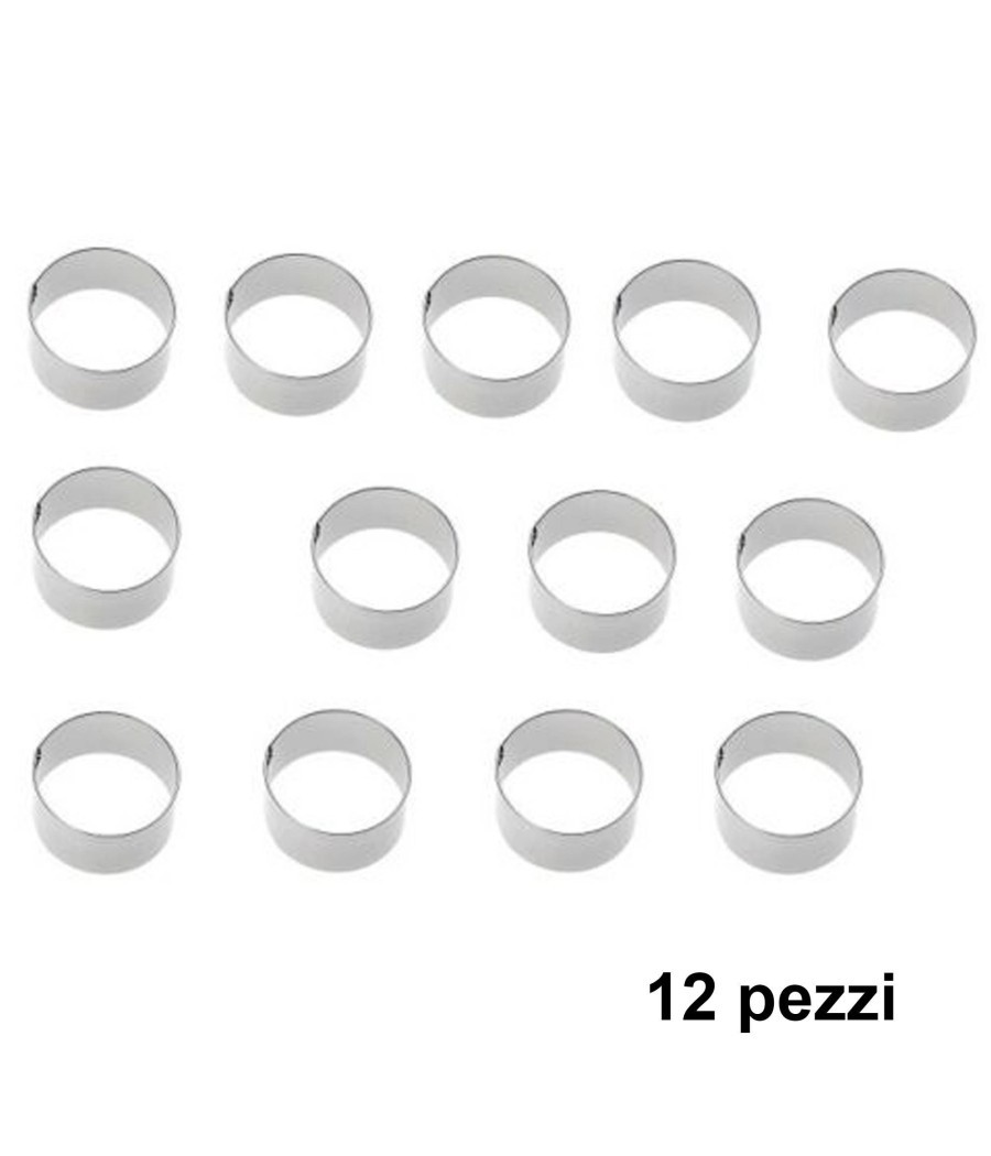 Set 12 Pezzi Forme Stampi Per Dolci Torte Biscotti Rotonde Inox 8x4cm Pasticceri