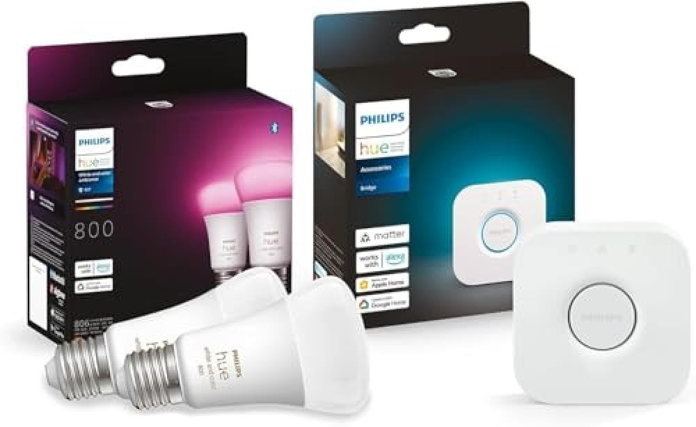 Philips Hue White & Color Ambiance Starter Kit 2 Lampadine Smart, Attacco E27, L