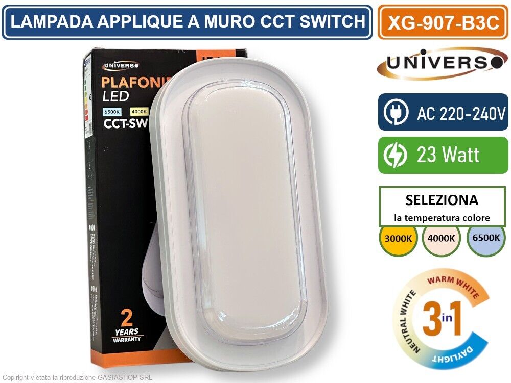 PLAFONIERA LED SMD OVALE 23W DA ESTERNO IP65 CAMBIA COLORE SWITCH CCT 3in1