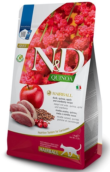 Farmina N&D Quinoa Hairball per Gatti Adulti con Anatra, Quinoa, Mela e Mirtillo