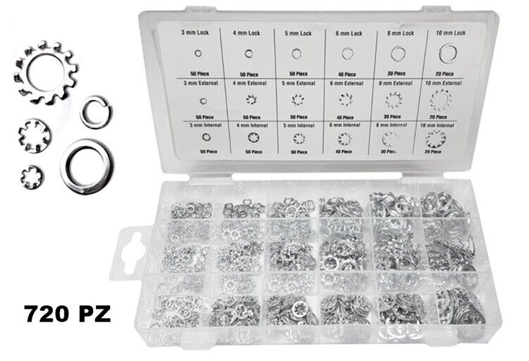 SET DI RONDELLE ZINCATE MISTE 720 PZ. GROVER E DENTELLATE INTERNE ED ESTERNE