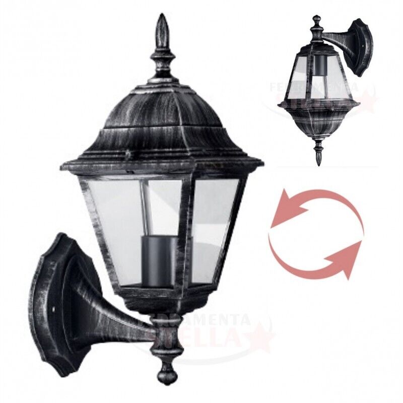 LANTERNA LAMPADA APPLIQUE A MURO PARETE ANTICATO NERO ESTERNO GIARDINO CON VETRI
