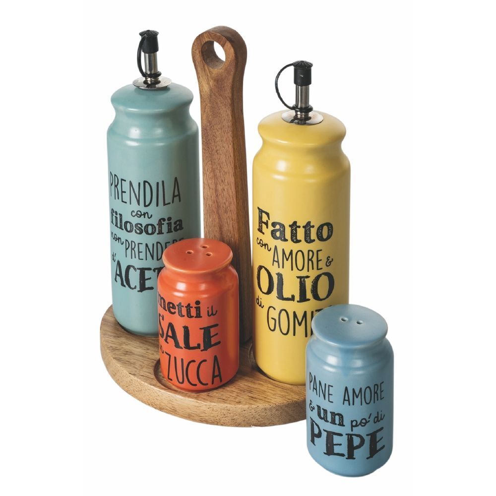 Set olio aceto sale e pepe in gres stand in bamboo Idee