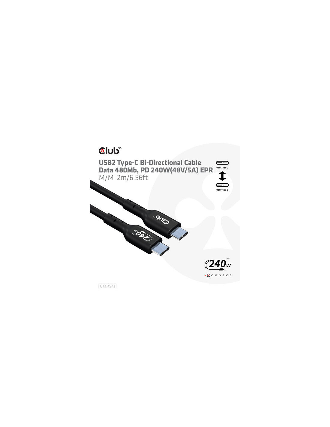 CLUB3D USB 2.0 Type-C Bi-Directional Cable Data 480Mb Pd 240W(48V/5A) EPR  2m