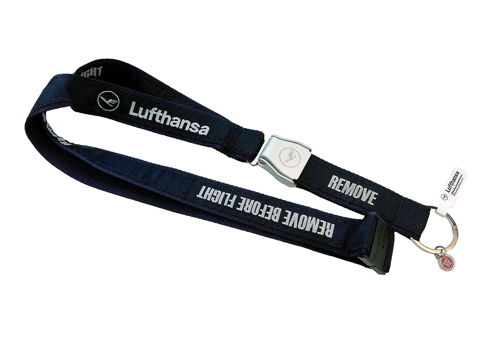 REMOVE BEFORE FLIGHT Lufthansa – Cordino con fibbia Seatbelt, Blu, 25 (w6b)
