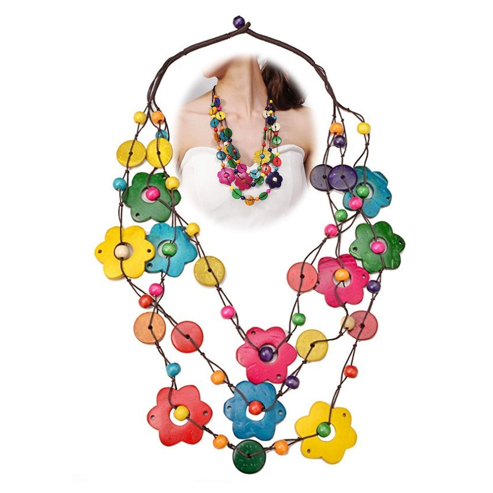 Collana lunga Boemia colorata collana di noce di cocco etnica boemia (v9m)