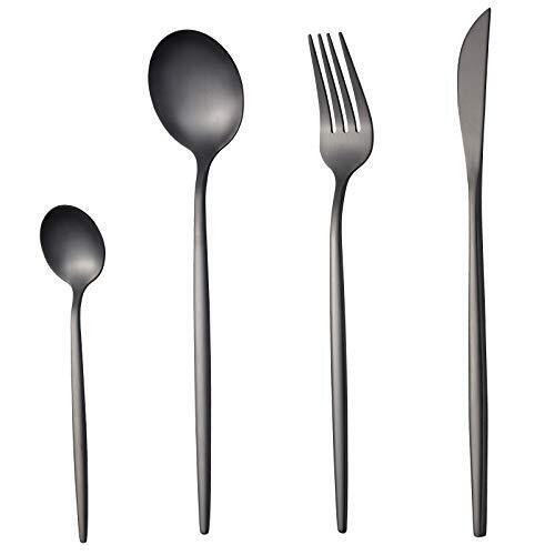 Moderne Set Posate 24 Pezzi Nero Opaco, SANLI 6 Persone Inox Coltelli e (E8r)