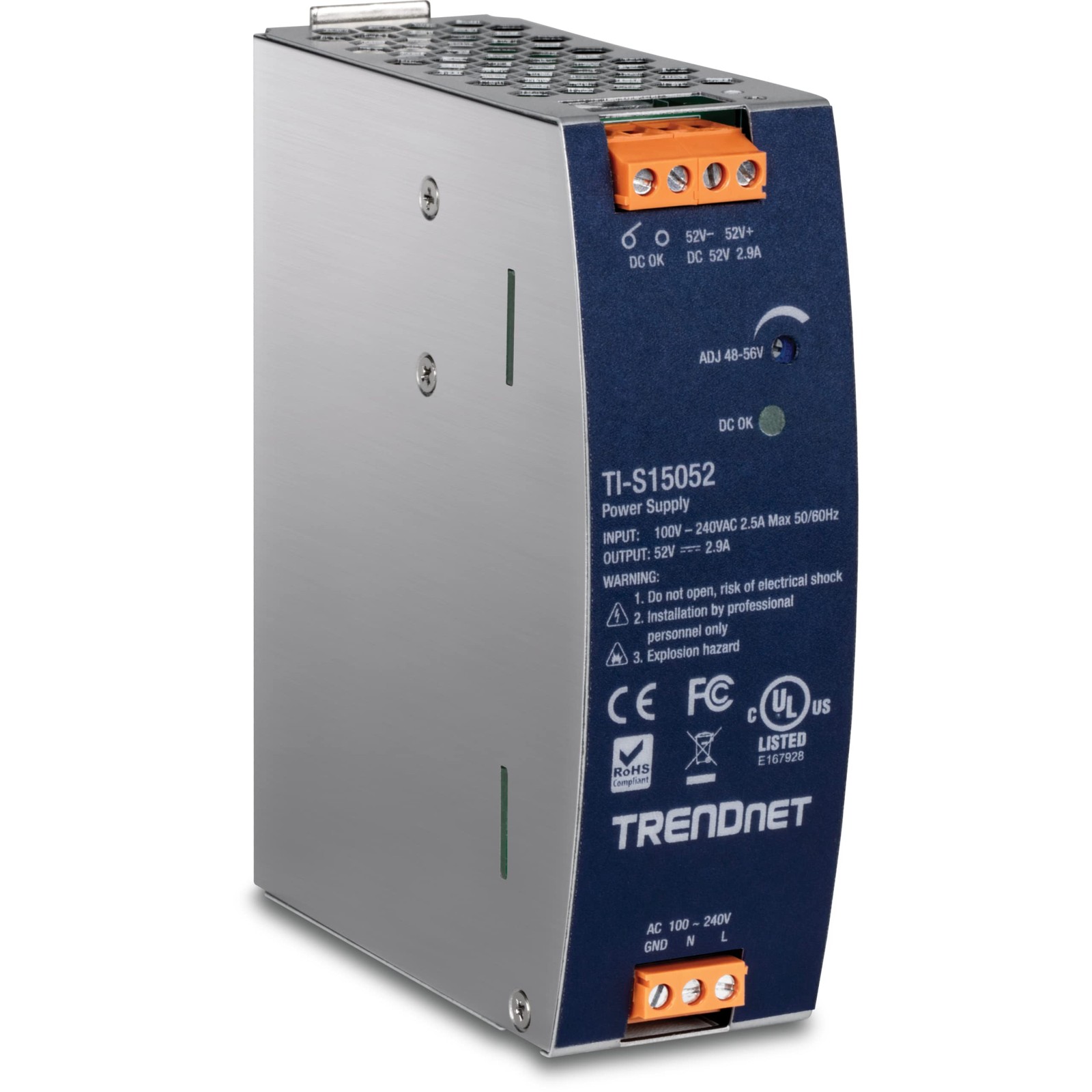 TRENDnet 150W, 52V DC, 2.89A AC to DC DIN-Rail Industrial Power Supply, Built-in