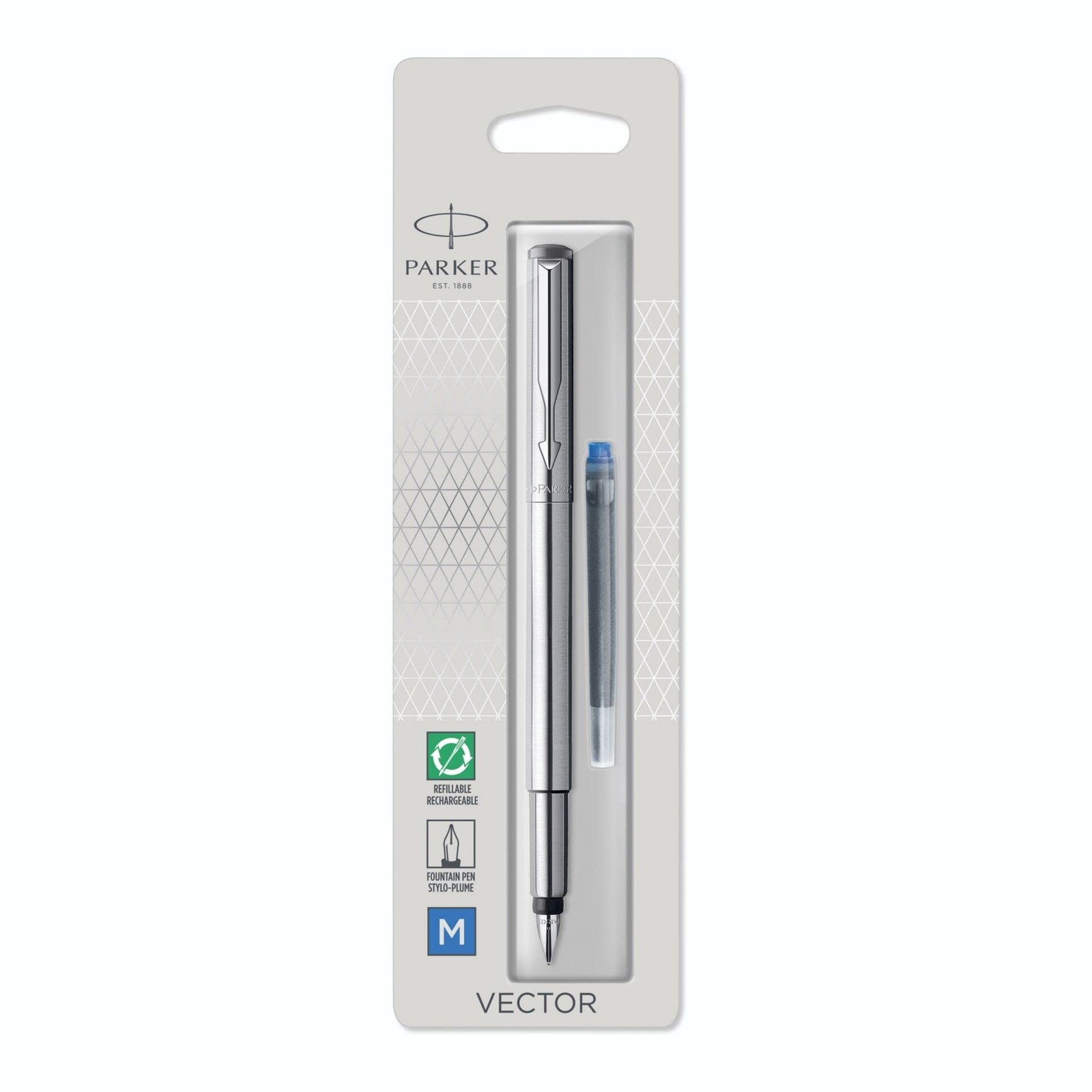 Parker Vector Fountain Pen   Stainless Steel with Chrome Trim   Medium Nib   Blu