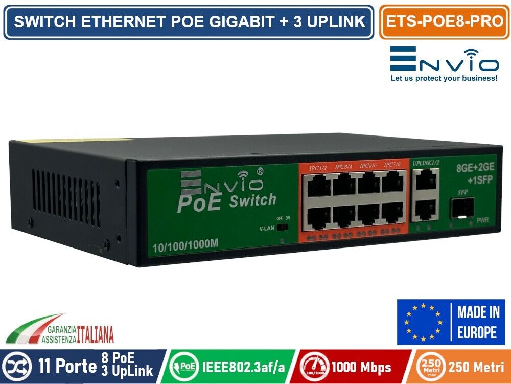 11 PORTE SWITCH ETHERNET POE GIGABIT 8 PORTE GE + 2 UPLINK GE + 1 UPLINK GE SFP
