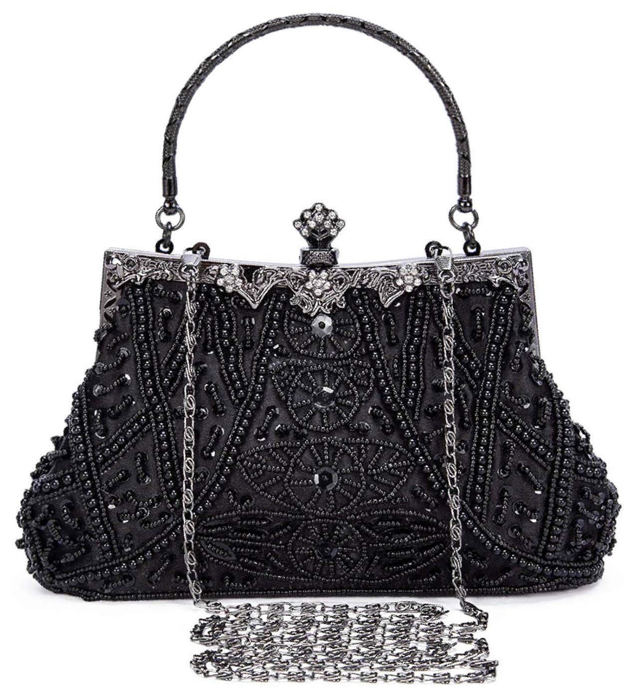 Selighting Pochette Elegante Nera Perle, Clutch Donna Cerimonia Borsetta (V4Z)
