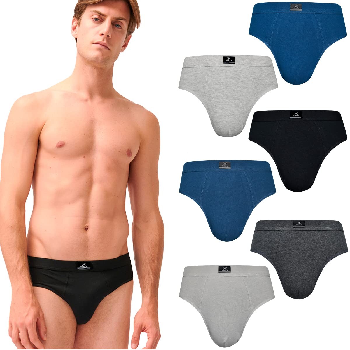 DOUBLE M, Confezione 6 Slip da Uomo, Slip in Cotone Traspirante, Intimo (F5r)