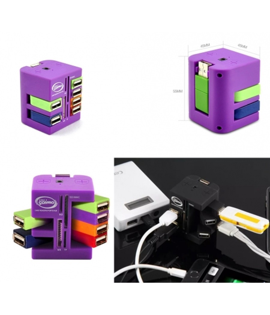 HUB COMBO 6 PORTE USB 2.0 LETTORE CARD SCHEDE MULTIFUNZIONE PORTE GIREVOLI 360°