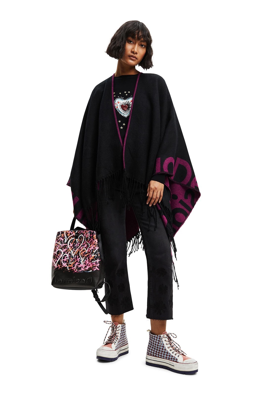 Desigual Poncho_logo Paris, 3016 Lilac, Poncho Donna, Rosso (Red), Taglia (B1B)