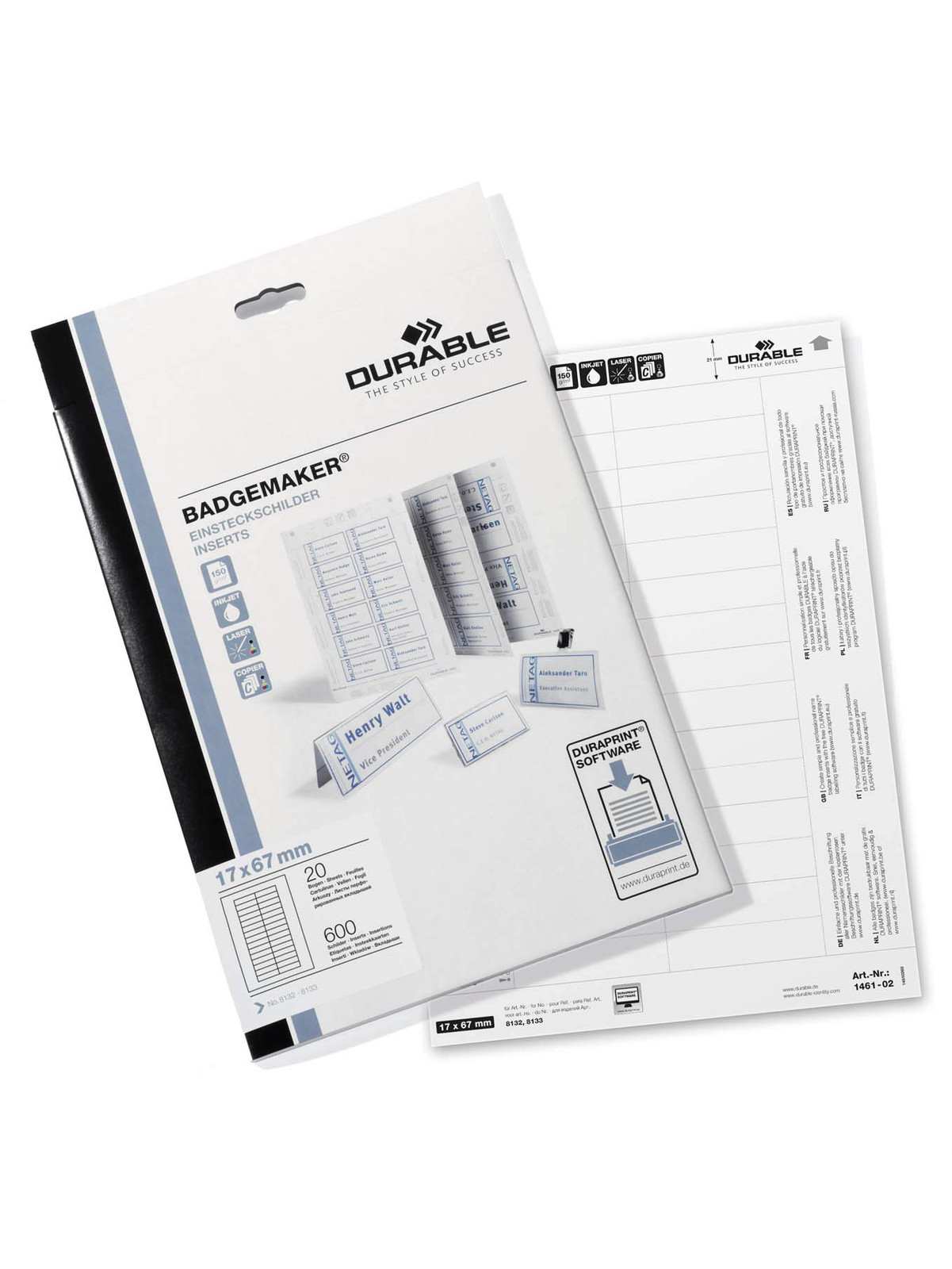 Durable 146102 Badgemaker, PrinTable Name Badge Insert Sheets, White, 17 x 67 mm