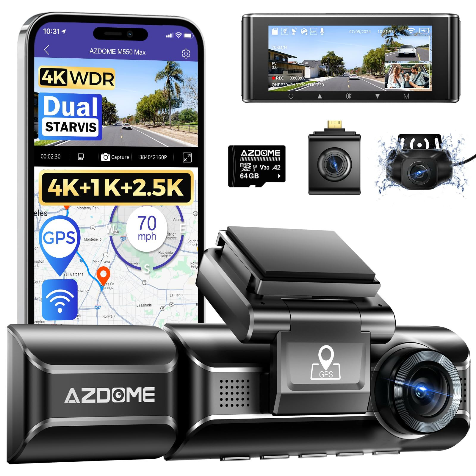 AZDOME M550 MAX 4K 3 Canali Dash Cam, 4K+1080P+2.5K Telecamera per Auto, (k7V)