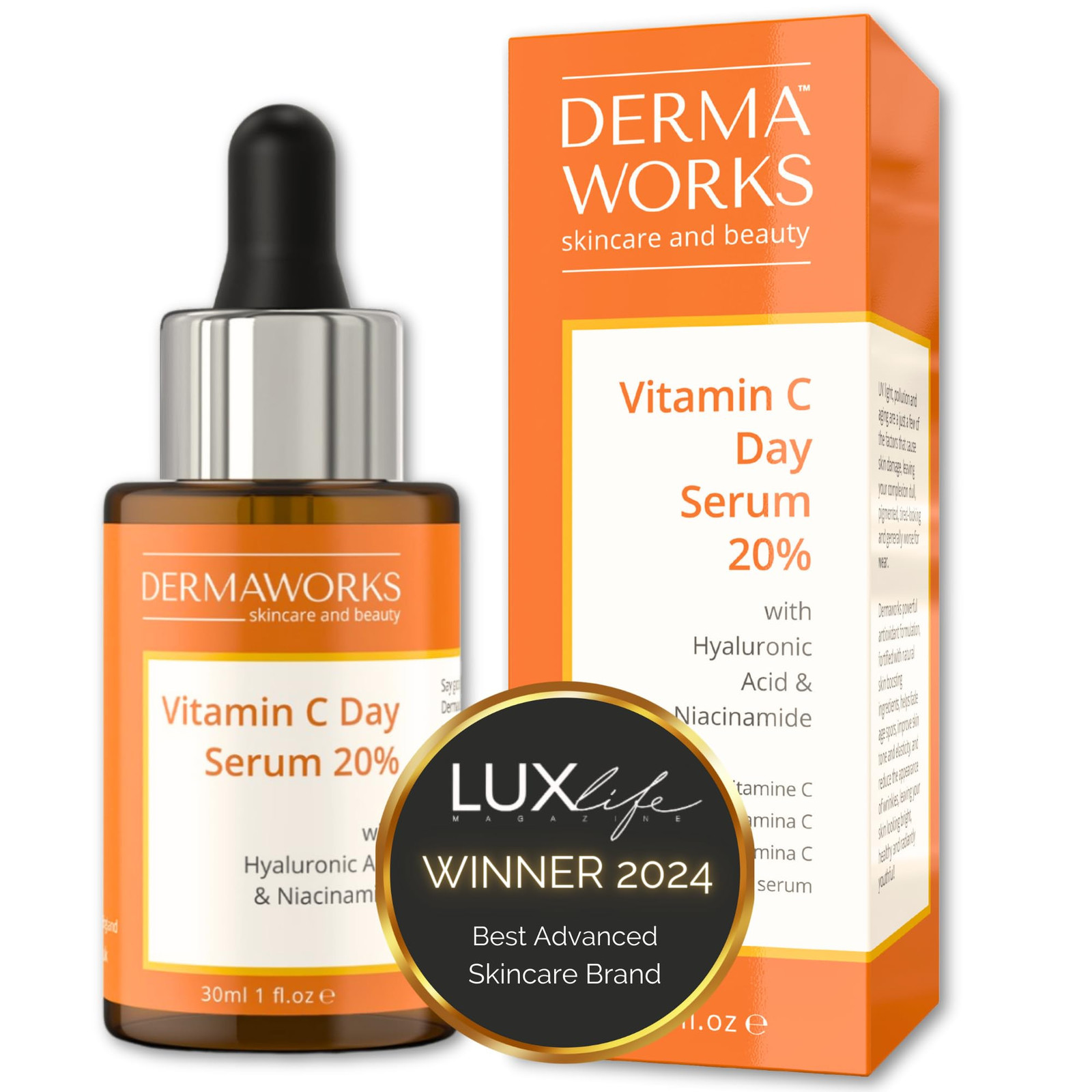 DERMAWORKS Vitamina C Siero Viso 20% con Acido Ialuronico e Niacinamide (u2p)