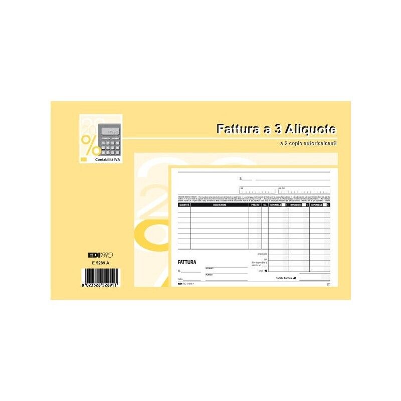 Blocco FATTURA a 3 ALIQUOTE 50/50 Fg. Autoricalcanti 15x23 cm E5289A EDIPRO