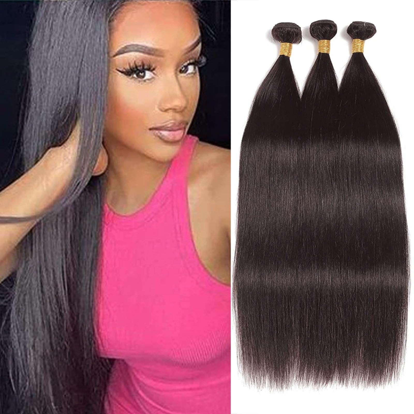 Huarisi Straight Brazilian Hair 3 Bundles 22 24 26 Inch, Human Hair (H6c)