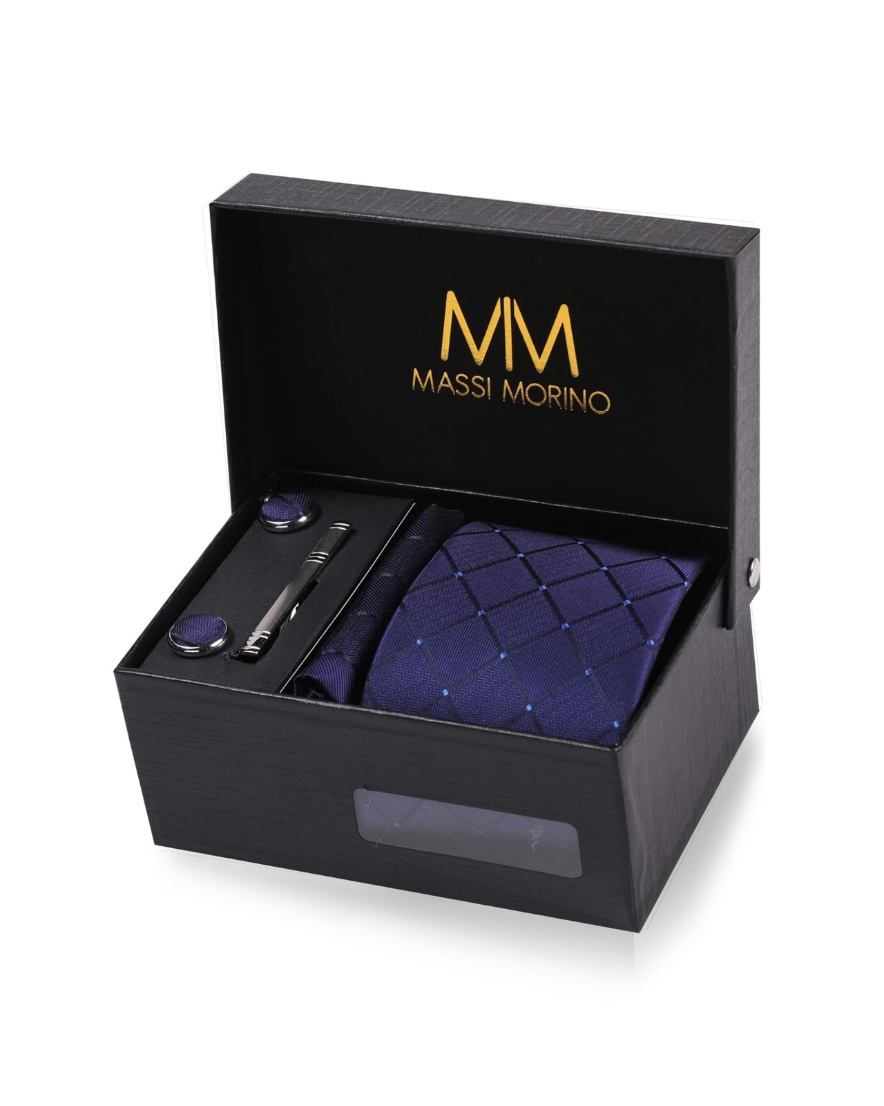 Massi Morino Cravatta Blu scuro quadrato e fazzoletto da uomo con camicia (S8x)