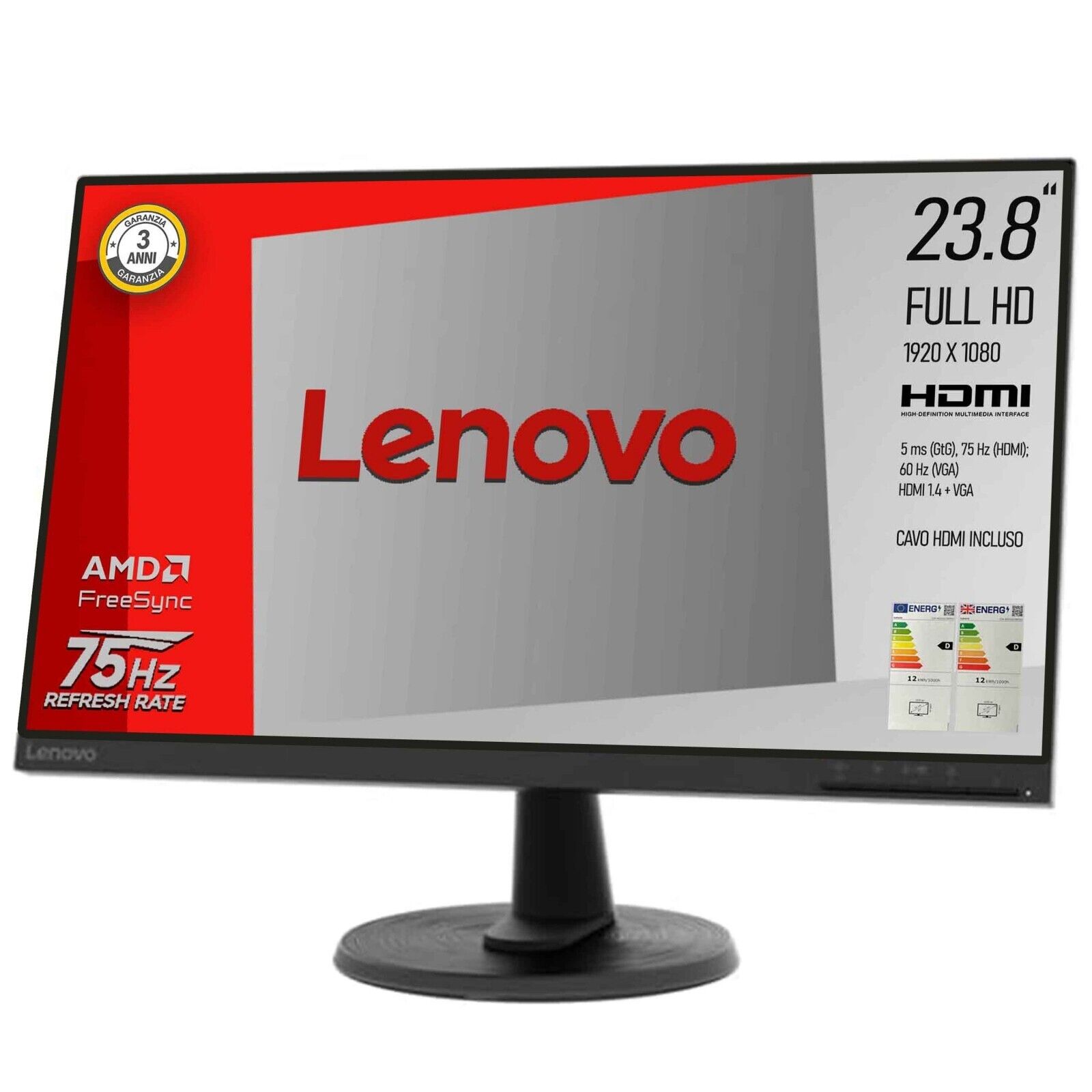 Lenovo 63DC Monitor, 23,8" FHD 1920 x 1080, Led, VA, AMD FreeSync, VGA , HDMI