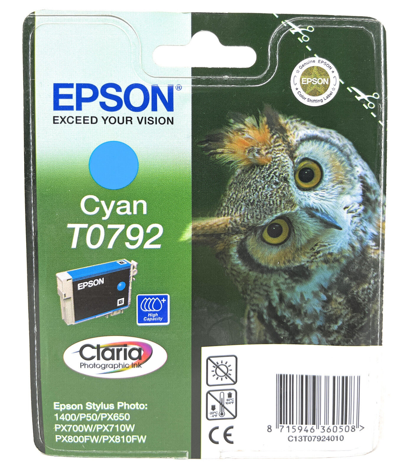 EPSON T0792 CARTUCCIA ORIGINALE CIANO PER STYLUS PHOTO 1400/P50/PX650 [A BOX]