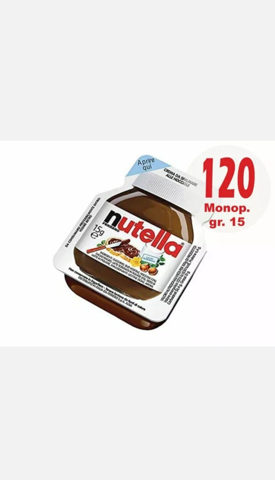 120 VASCHETTE MONOPORZIONE NUTELLA DA 15 GR CIOCCOLATO MONODOSE FERRERO KINDER